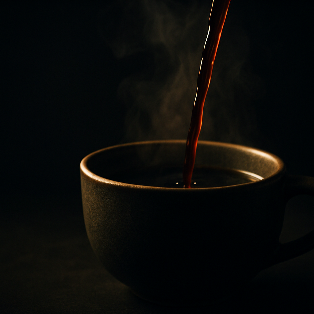 A dark roasted-botanical brew being poured, with rising steam