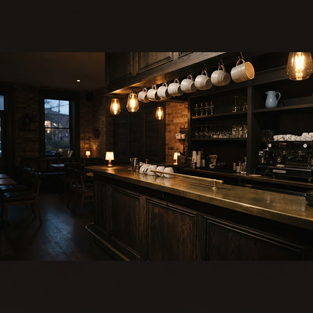 A warm, dark specialty cafe bar at dusk, empty before opening