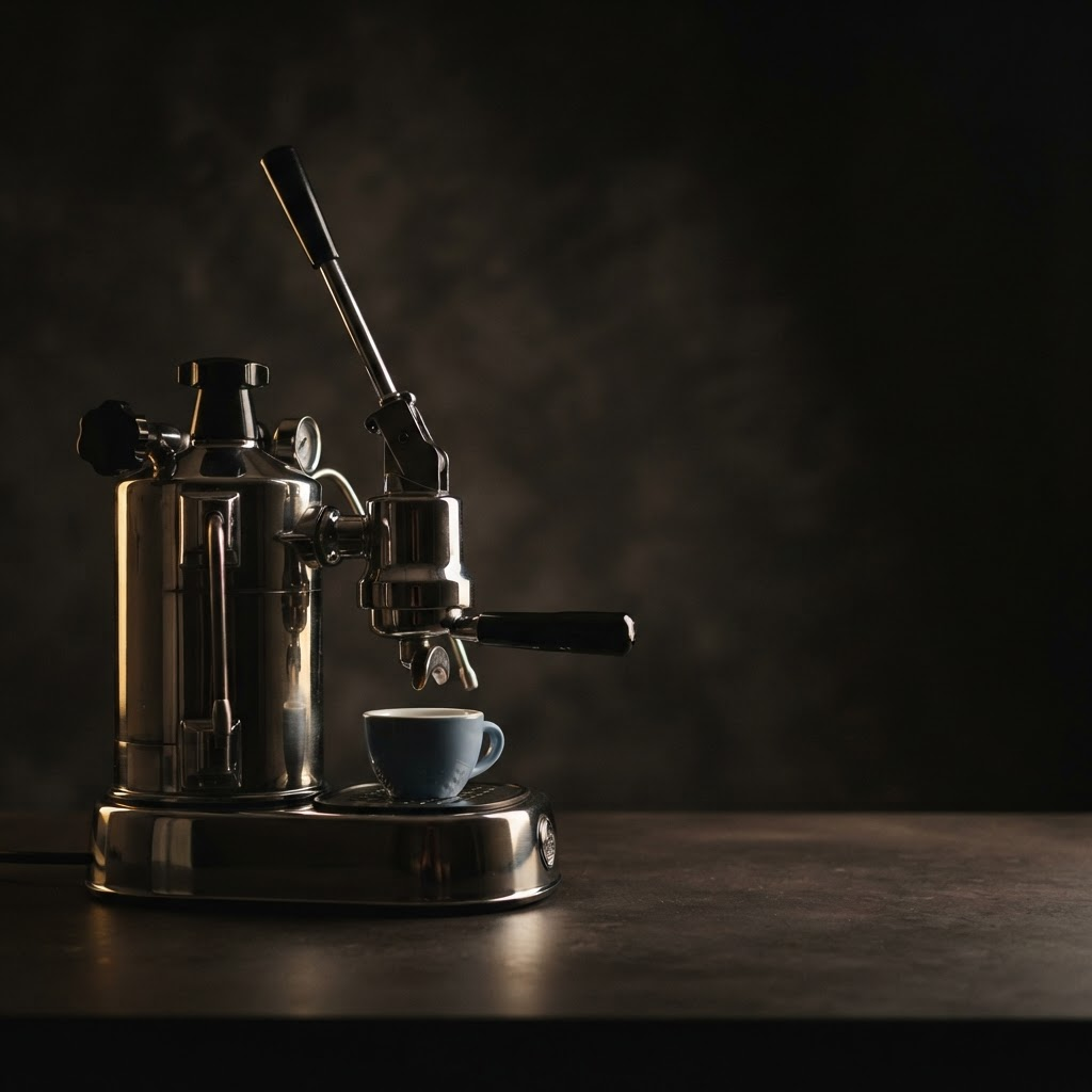 A chrome home espresso machine lit against a dark field