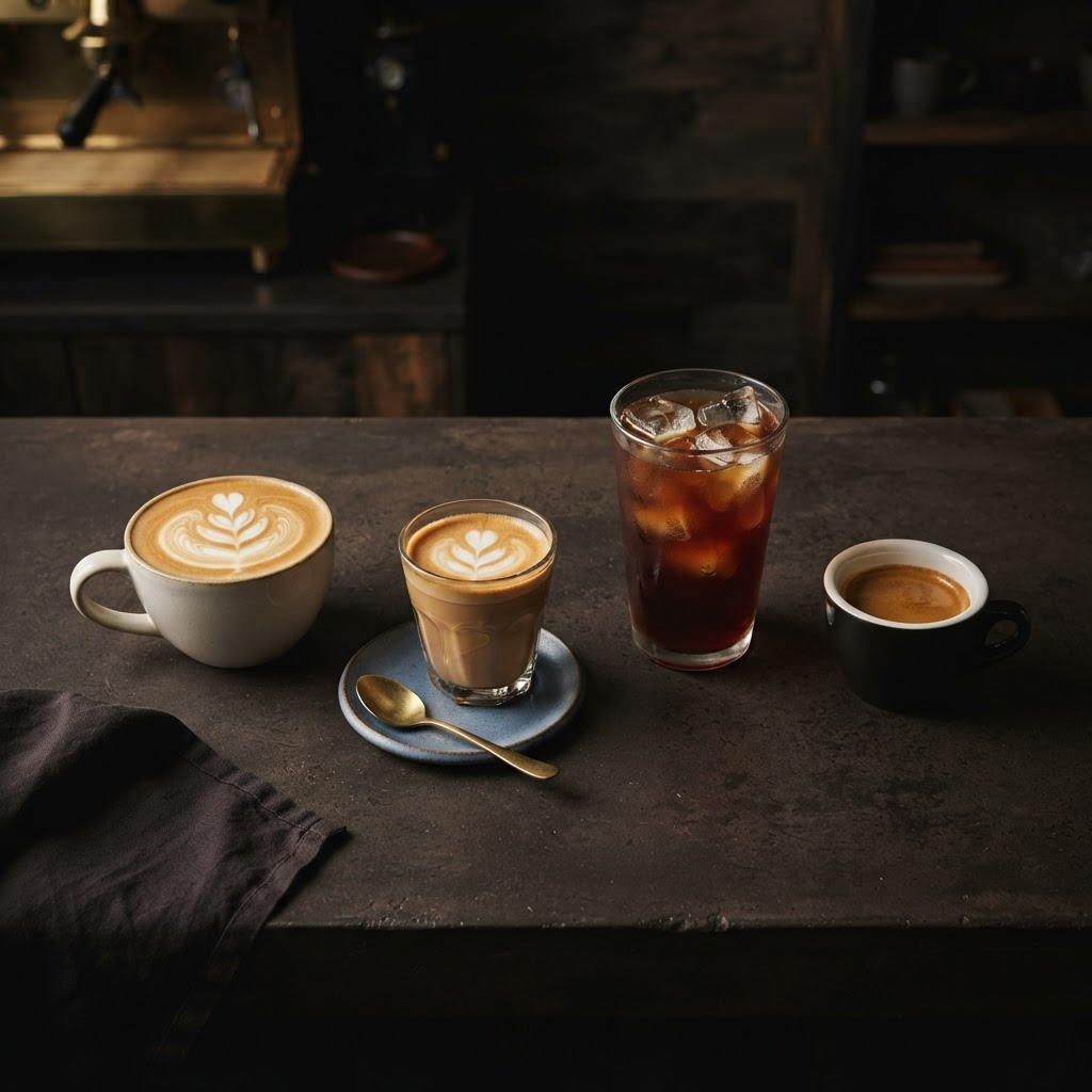 An overhead spread of finished specialty drinks on a dark counter