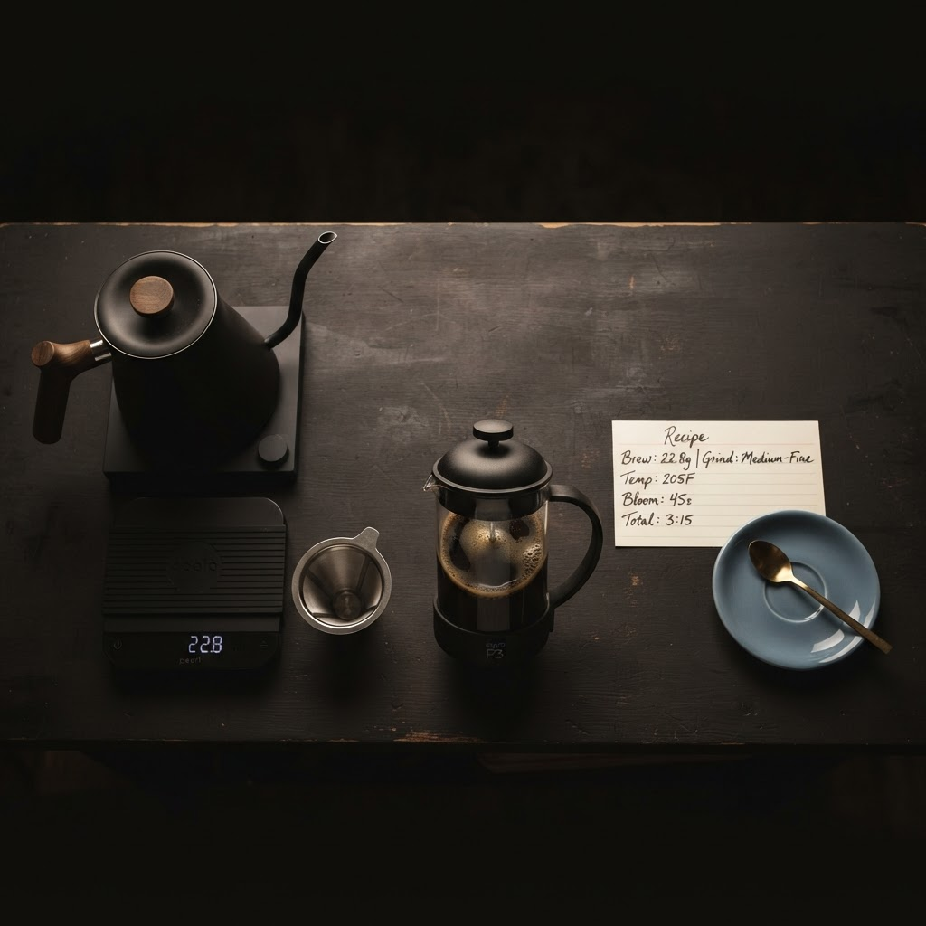 A formulary workbench with kettle, scale, mesh filter, and a recipe card