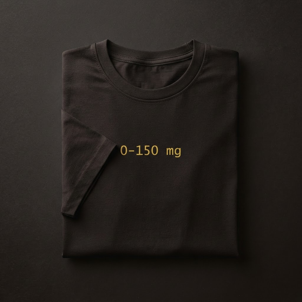 "0–150 mg" Barista Tee — Soft cotton tee with the dosing range mark
