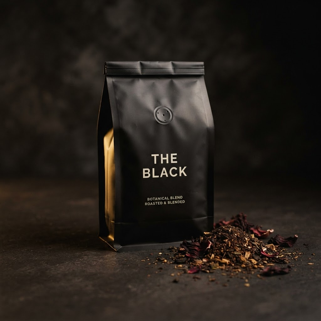 The Black v1 — Batch Blend — 55% roasted barley · 20% black malt · 12% chicory · 8% dandelion + acidity layer