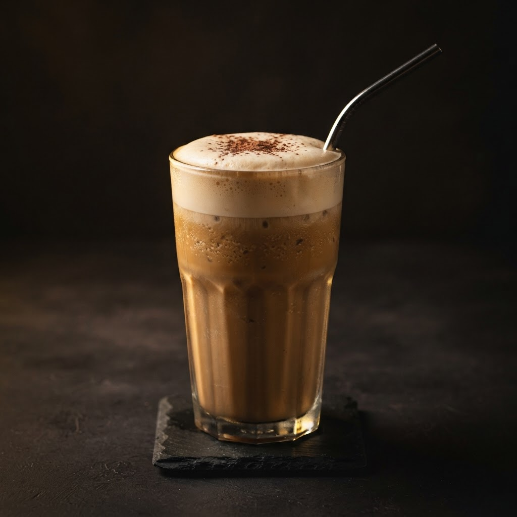 Greek Frappé, prepared in its serving vessel